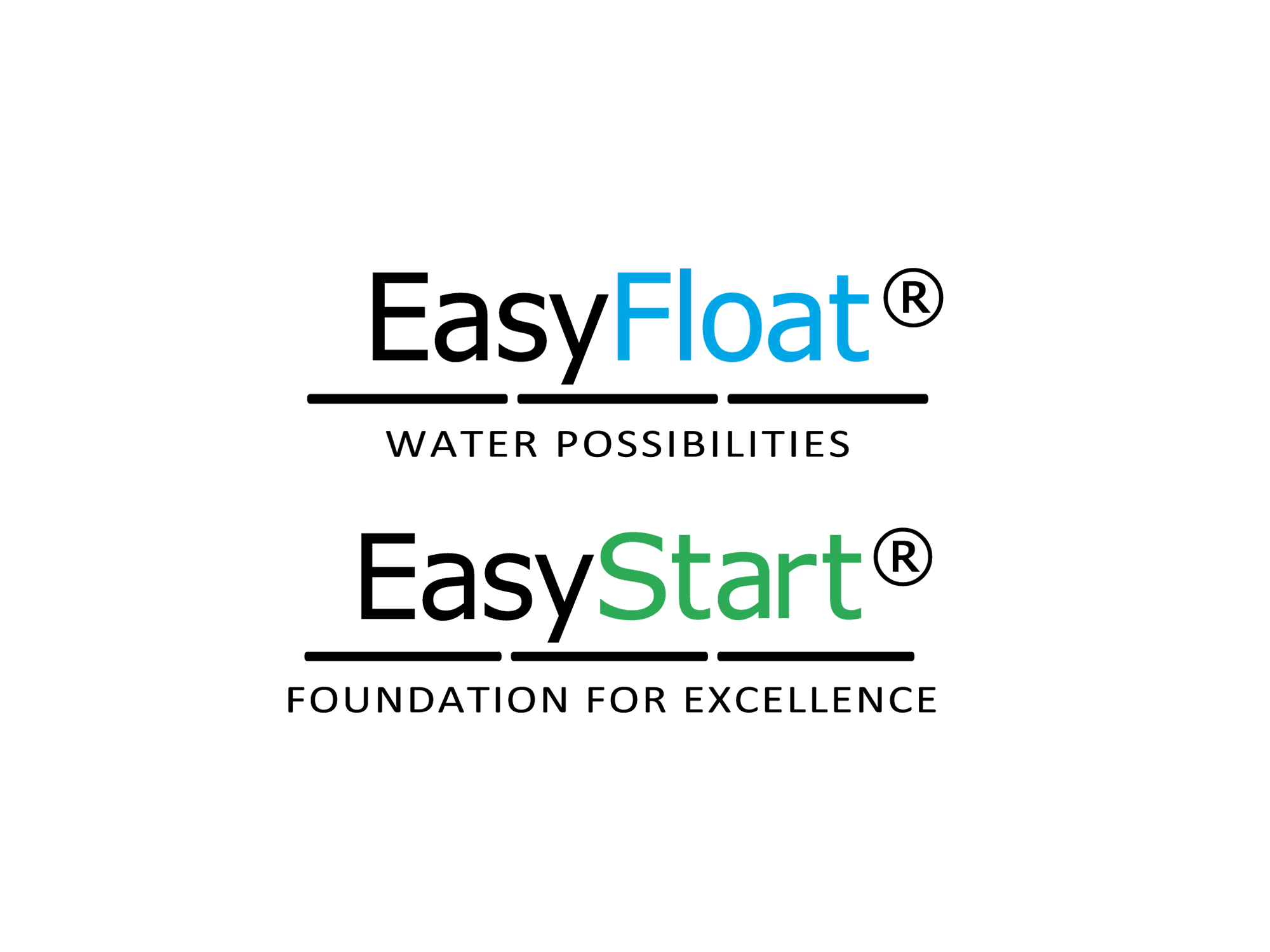 Logotyper för Floattechs varumärken EasyFloat och EasyStart med deras slogans undertill