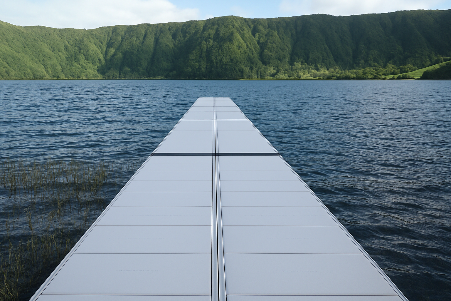 EasyFloat flytbrygga på lugnt vatten med grönskande berg i bakgrunden på Azorerna, Portugal