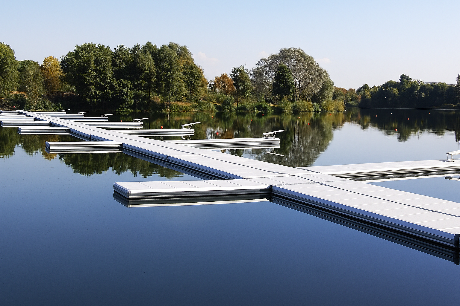 Stor EasyStart roddbrygga med spegelblankt blått vatten